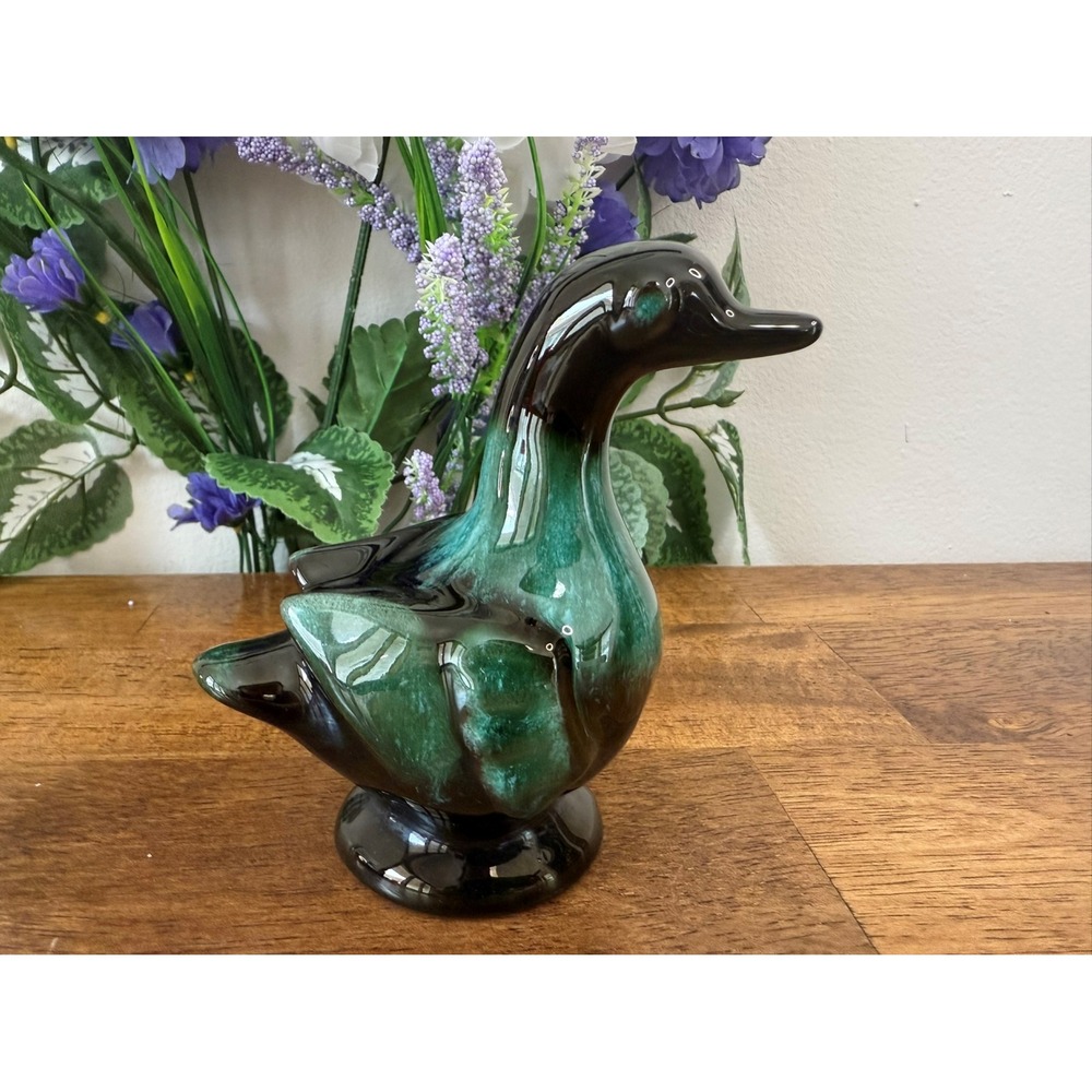 Vintage Canadian Pottery‎ Duck Figurine – Green and Black Drip Glaze Retro Decor